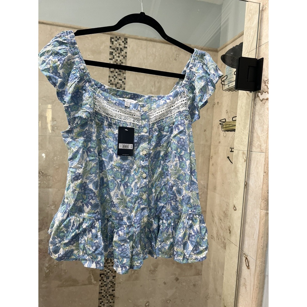 Lucky brand boho blouse floral print :XS Peplum Flutter Sleeve Crochet Nwt New